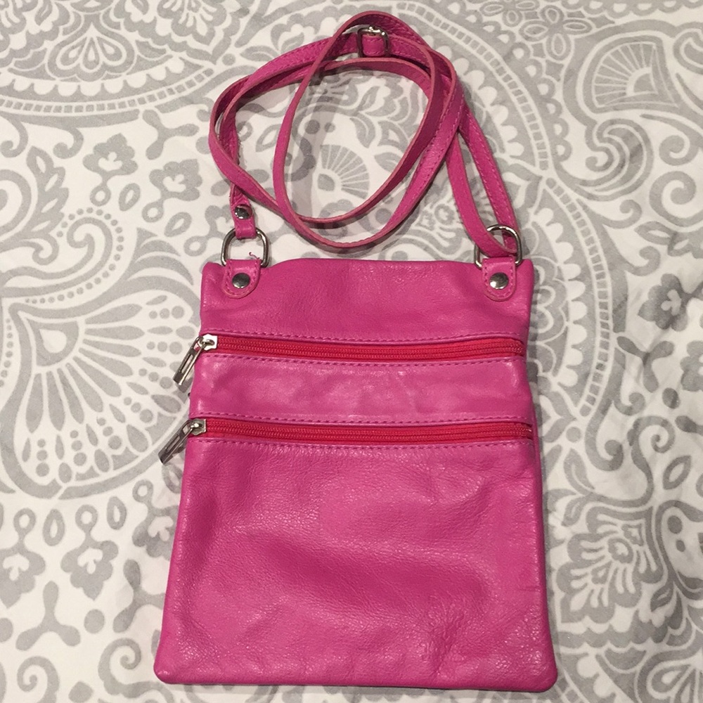 Pink leather cross body bag from Italy